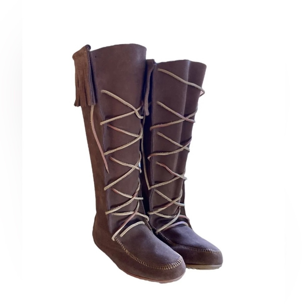 Vtg Minnetonka Womens US 7 Brown Suede Knee-High Lace-Up Fringe Moccasin Boots